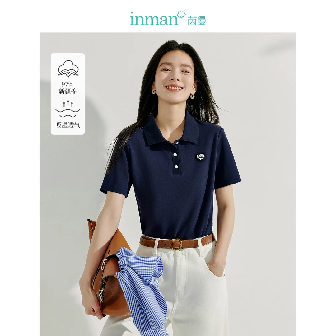 茵曼通勤polo领短袖T恤女2025年秋季新款miu系气质正肩针织上衣