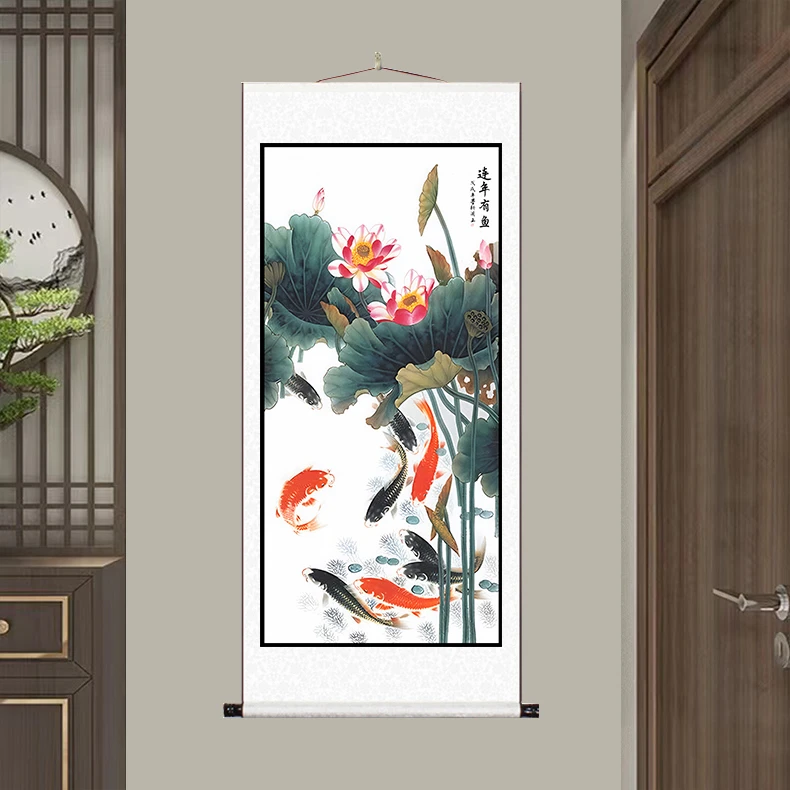 《连年有鱼》大气背景墙竖幅挂画国艺术风景山水靠山图风景装饰画N7
