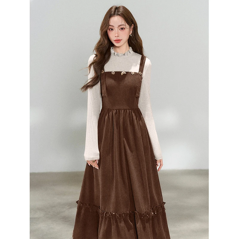 【V】2025秋冬美拉德时尚穿搭假两件连衣裙女收腰内搭长裙子D4547