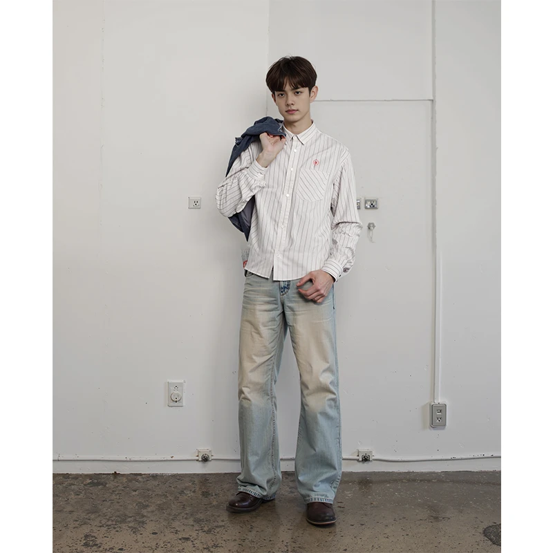 Lookun 溯 PET衬衫长袖简约条纹通勤百搭情侣宽松春夏男复古时尚