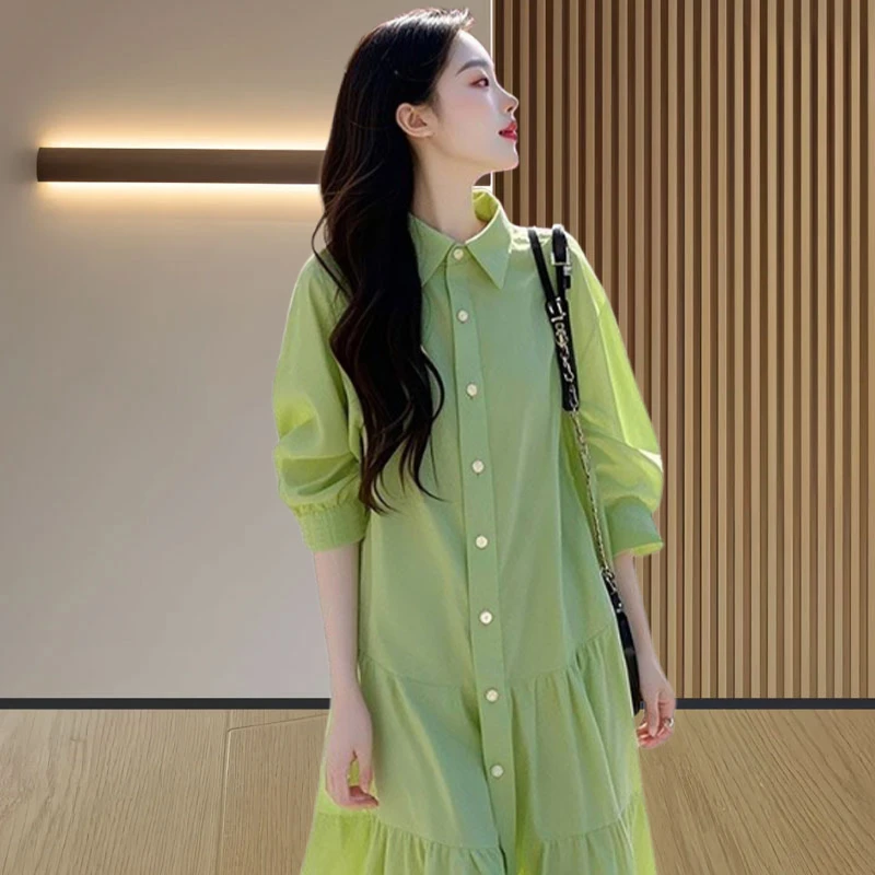 甜美少女风绿色荷叶边衬衫连衣裙女2025春夏新款元气感气质裙子女