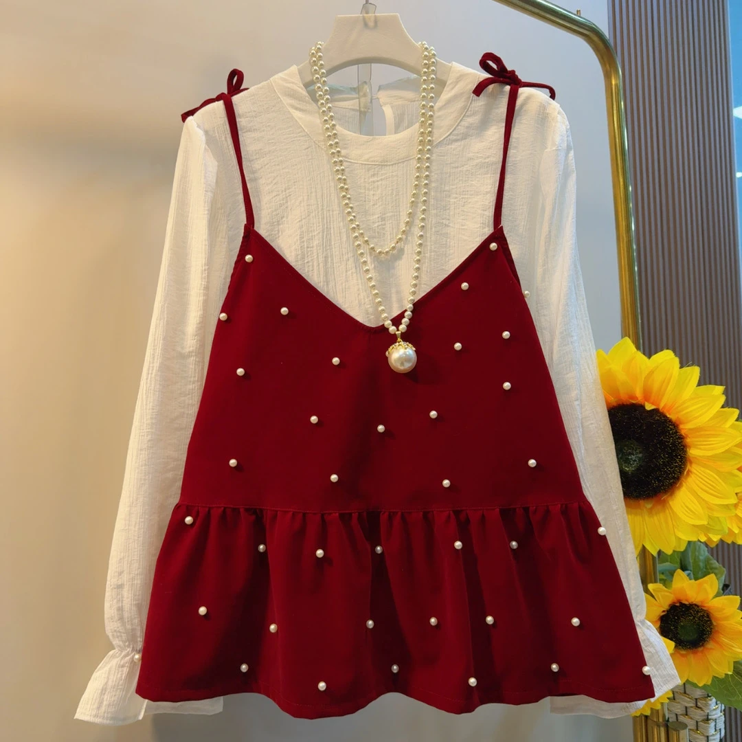 YX冬季新款大码法式叠穿丝绒吊带高级感小衫两件套上衣