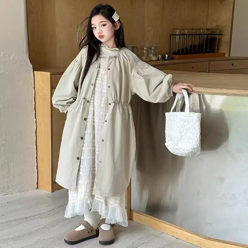 2025秋季韩范女大童外套时尚宽松女童风衣中长款两面穿