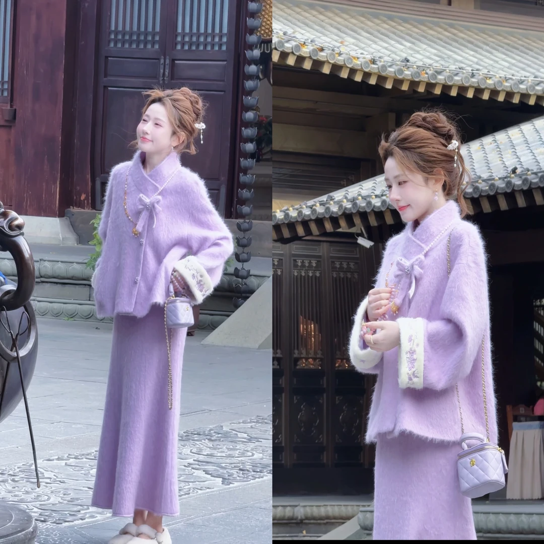 【婷婷】《江南•紫气东来》国风版刺绣拉绒紫色套装25DK8030【Q】