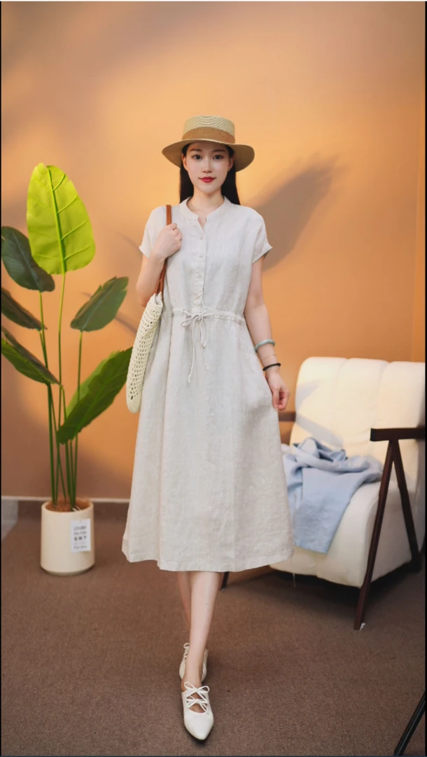 【小胡】新款小飞袖显瘦气质夏季连衣裙 100%纯亚麻面料