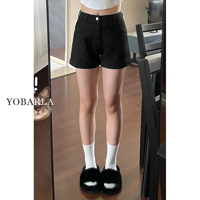 黑色高腰牛仔短裤女夏薄款大码胖mm遮肚显瘦弹力梨形身材显瘦短裤