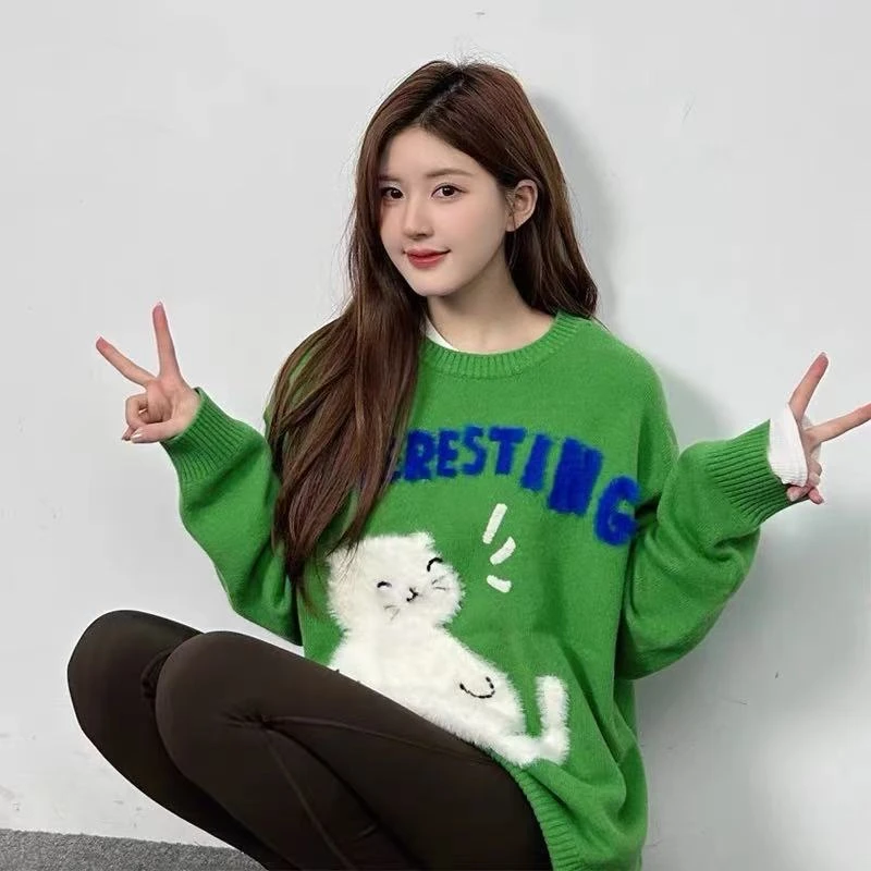 【M197】冬季新款时尚卡通白色猫咪绣花字母圆领长袖毛衣