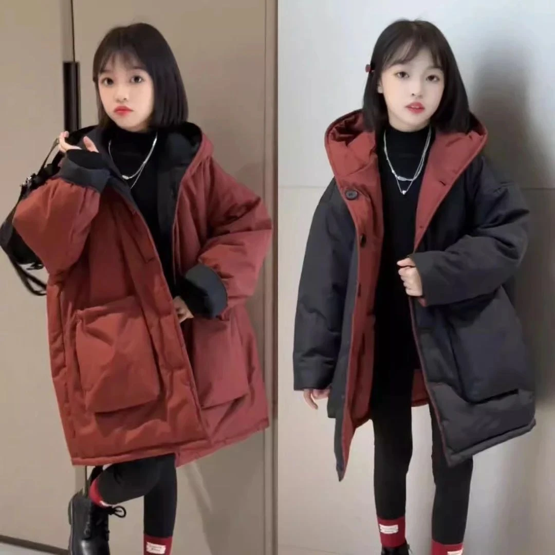 女童双面穿棉服韩版高级感中长款大口袋连帽加厚棉衣洋气冬季外套