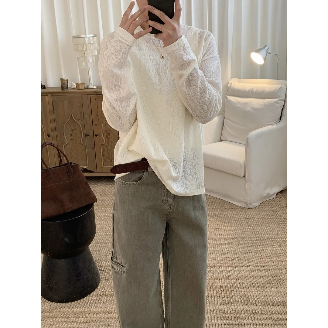 阿茶与阿古两色植绒防晒罩衫男潮流休闲宽松上衣长袖t恤A2504112