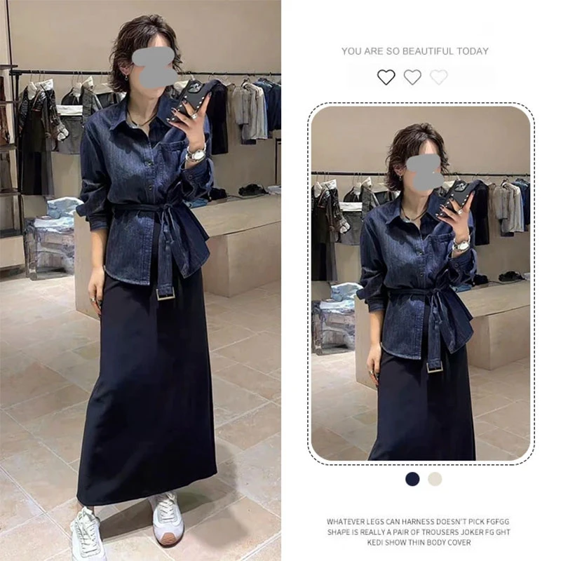 美式复古牛仔衬衫外套女春秋新款设计感洋气收腰显瘦系带叠穿上衣