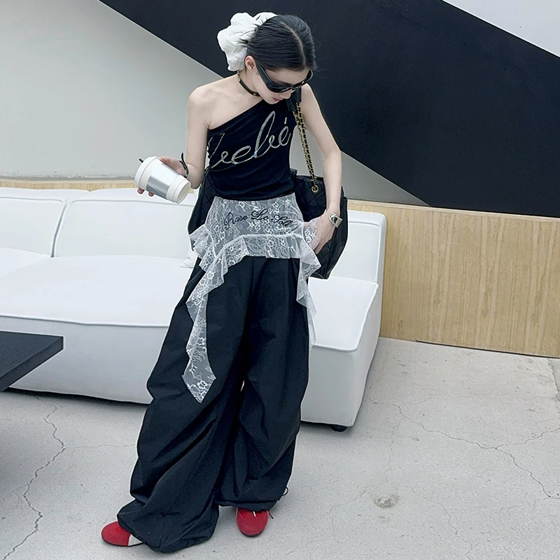 女童夏季蕾丝屁帘弯刀裤套装2025中大童时尚洋气百搭时髦夏装童装