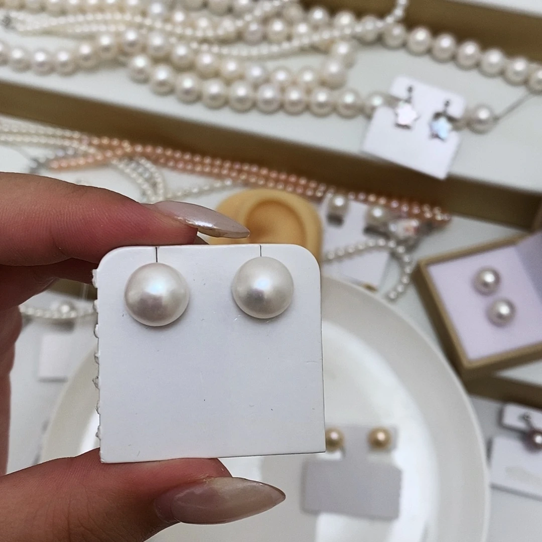 起***难淡水珍珠白珍珠馒头珠耳钉10-11m银S925镶嵌
