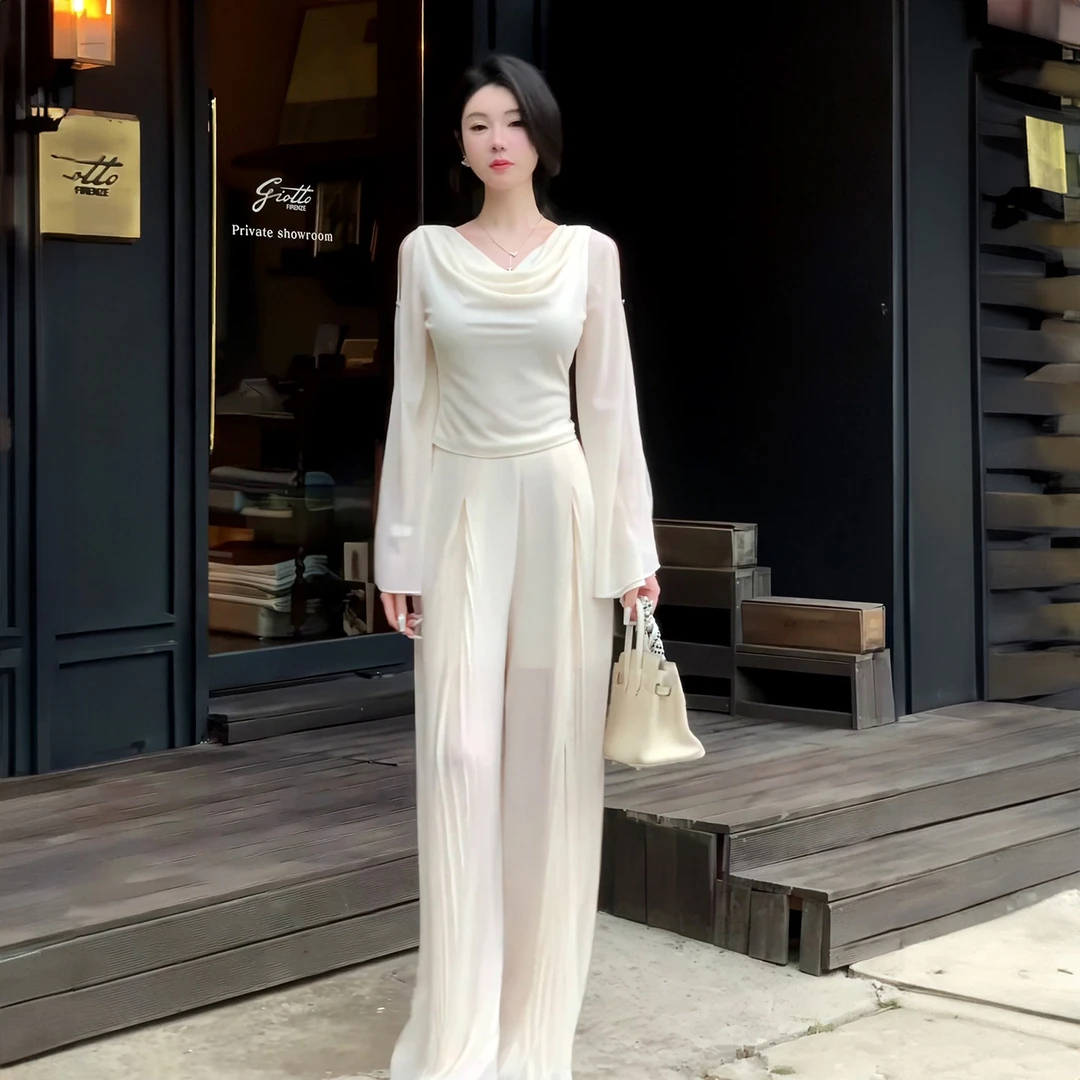 2025法式显瘦轻奢夏季长袖露肩上衣+宽松阔腿裤白色两件套装女