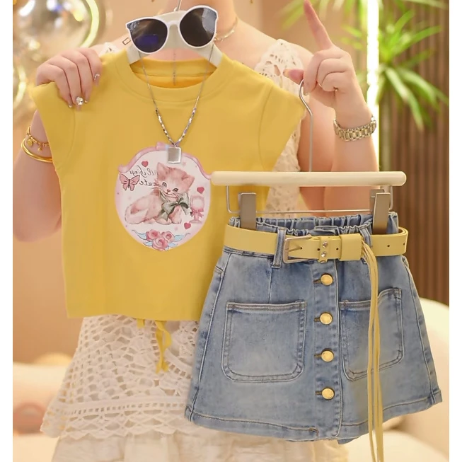 【现货现发】2025新款女童夏季洋气韩版女孩猫咪T恤牛仔裙裤套装