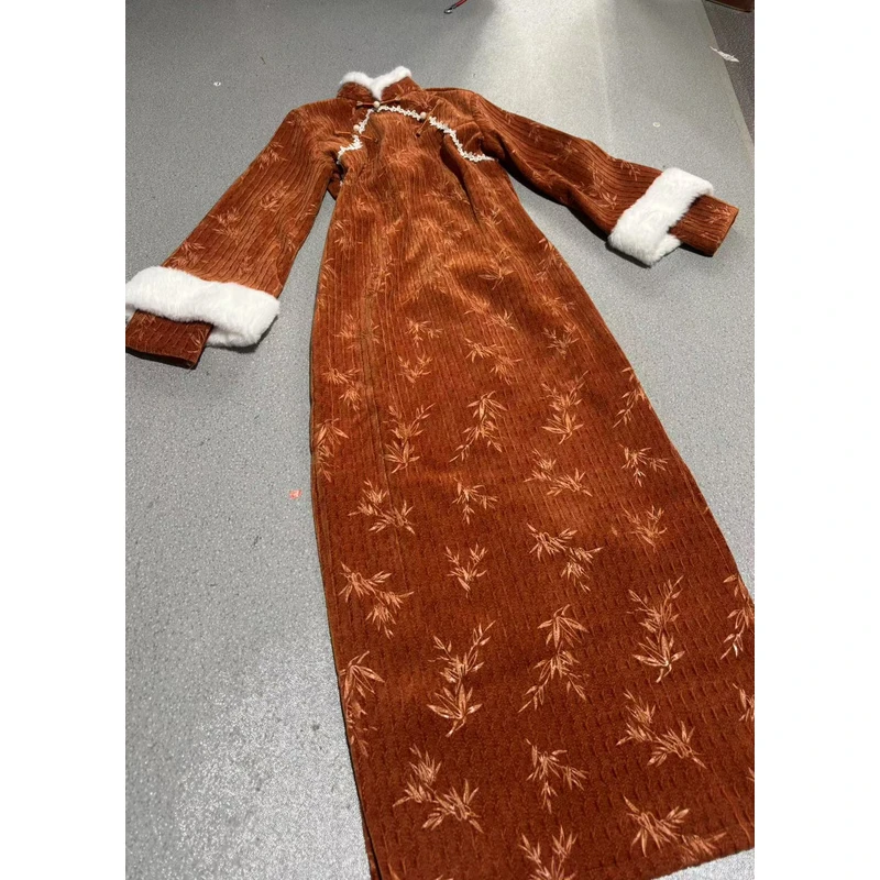 1653 橘色 白花边美玲襟 双袖 【竹橘】 旗袍