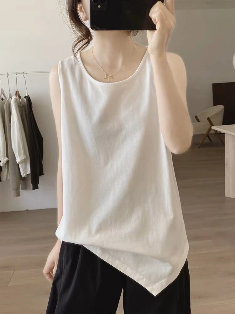 圆领背心女式夏季新款宽松显瘦韩版简约小众设计感不规则棉质上衣