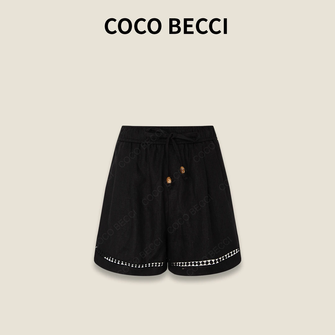 COCO BECCI【镂空蕾丝裤】100%亚麻显瘦百搭时尚短裤CFHHB366010