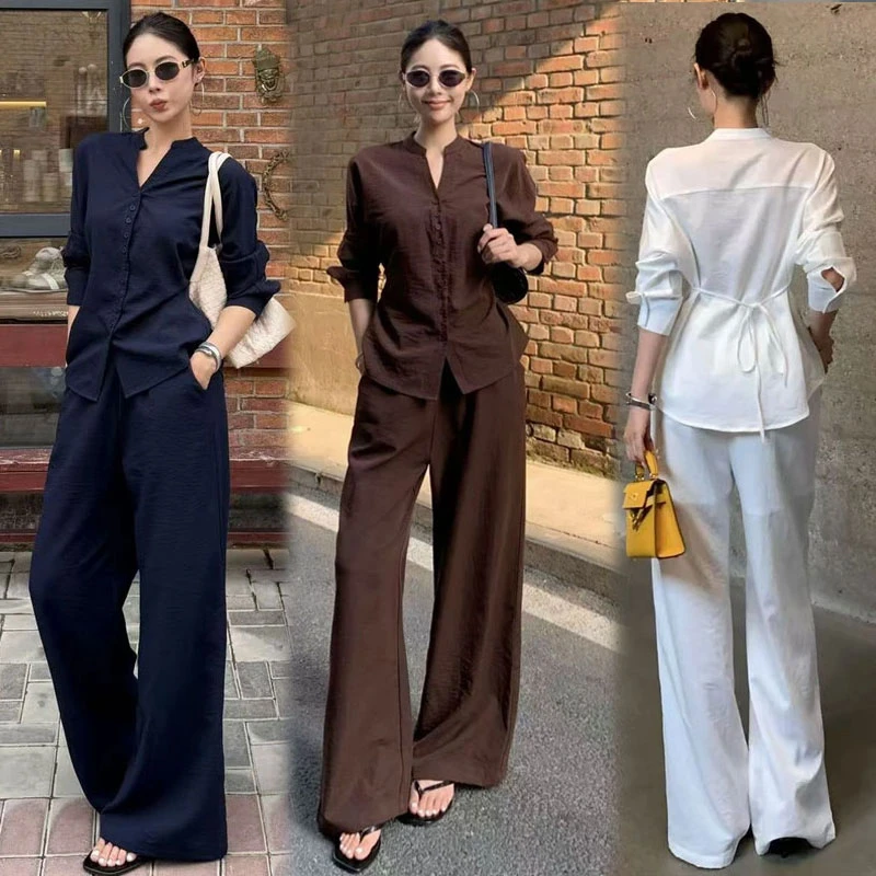 时尚套装女2025秋季新款时髦洋气长袖系带衬衫阔腿裤气质两件套潮