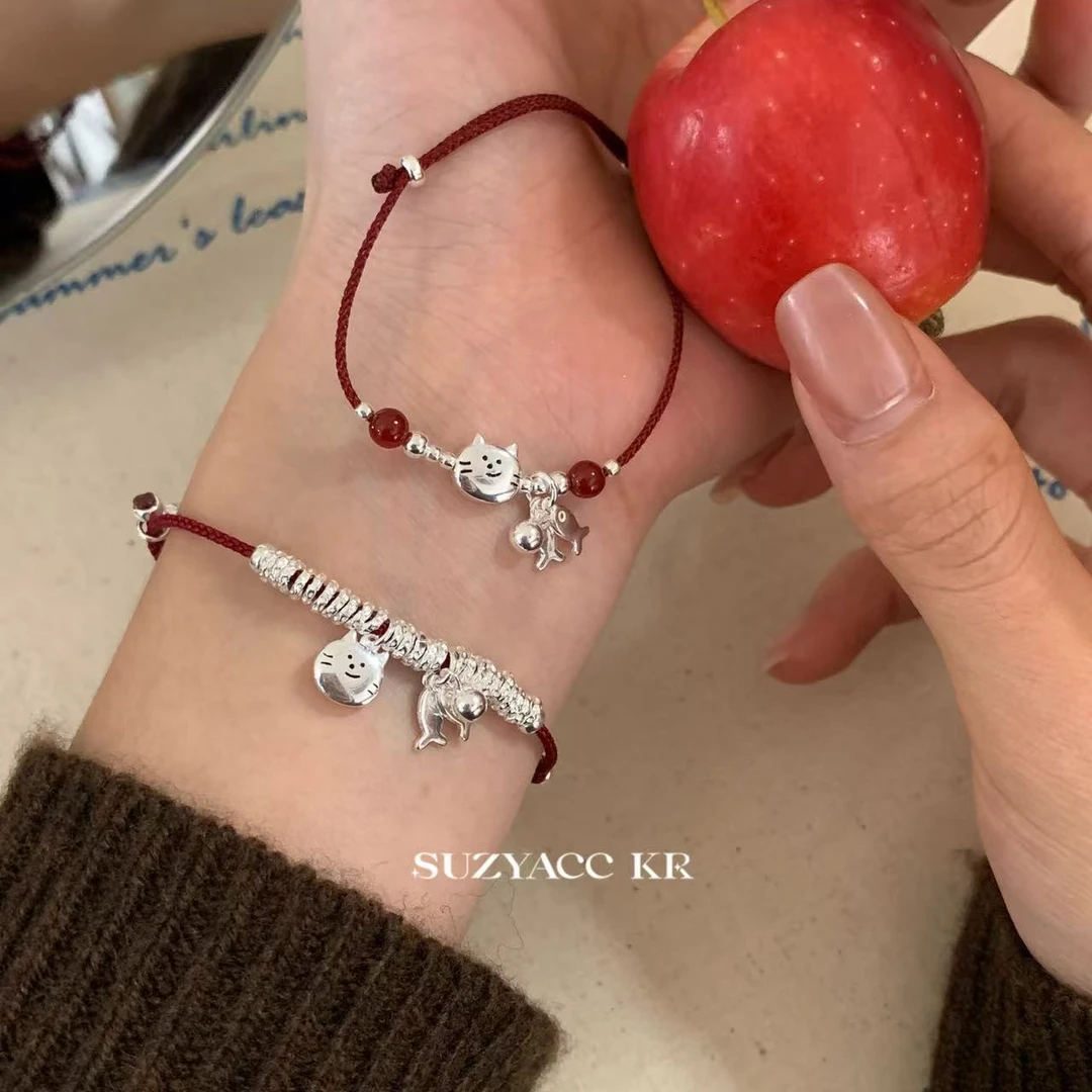 Suzyacc Kr 925银手链 【红绳猫猫】手链手工可爱情侣编织DC0316
