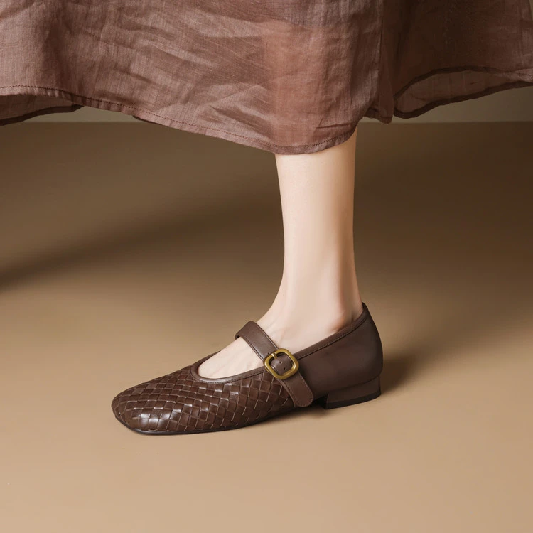 头层牛皮编织~2cm舒适出游百搭鞋子浅口平底女士气质单鞋大码4142