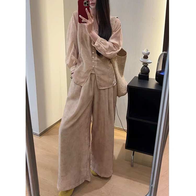 ZX6247新中式国风套装女春季复古气质V领长袖衬衫阔腿长裤三件套