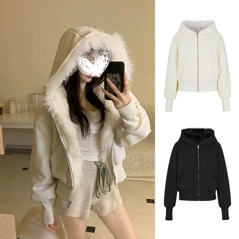 Moses Queen/魔西女王白色毛领加绒短款开衫连帽加厚宽松卫衣外套