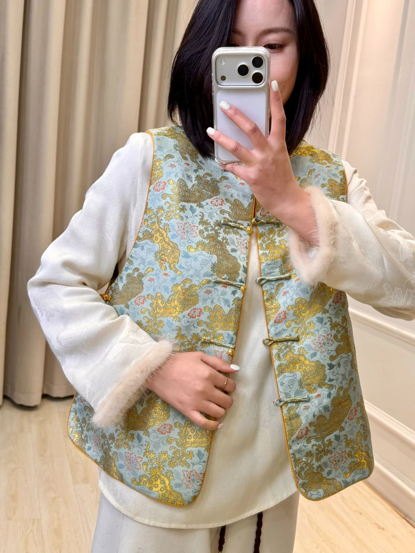 【织金麒麟】新中式桑蚕丝织金马甲复古盘扣提花经典国风冬季加棉