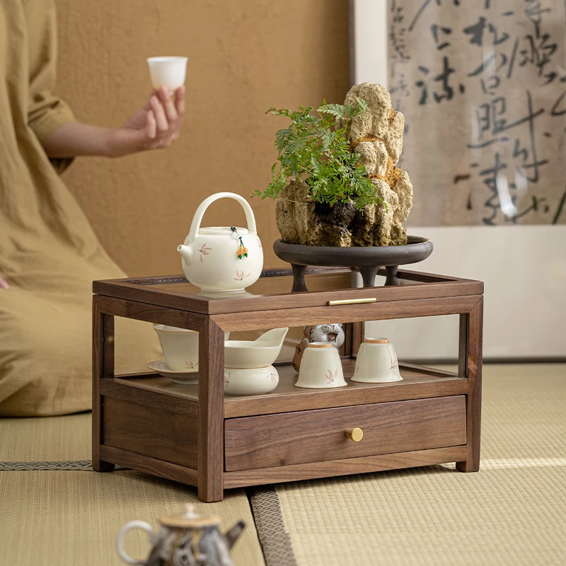 黑胡桃实木茶具收纳盒桌面防尘展示陈列柜抽屉置物架子中式博古架