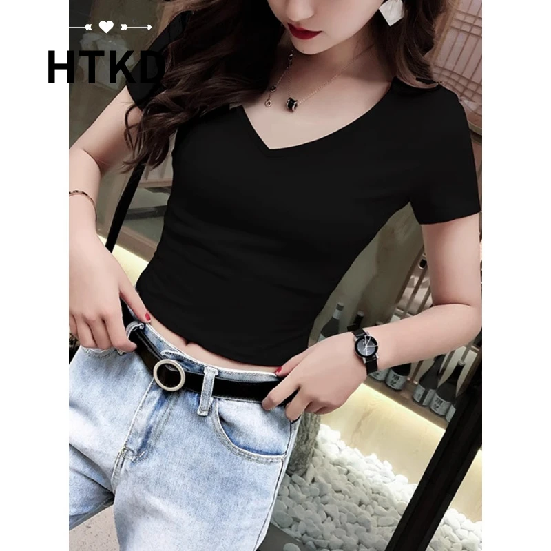 HTKD黑色v领短款t恤女夏天短袖正肩高腰上衣新款网红超火修身露脐