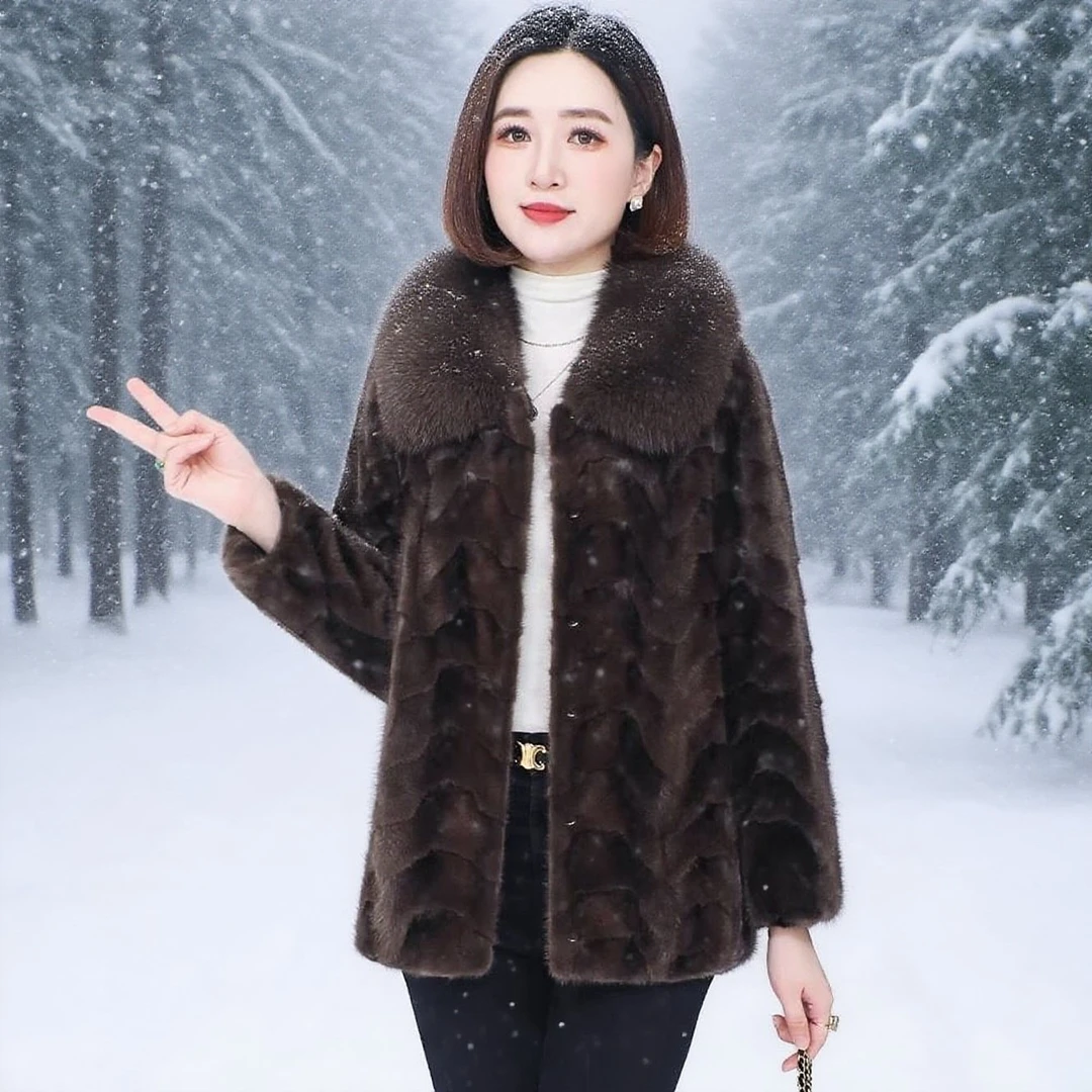 2025年新款水貂大衣女中长款狐狸毛领中老年妈妈时尚拼貂皮草外套