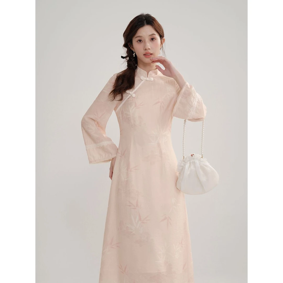 新中式改良旗袍禅意女款2025新款春夏季粉色国风盘扣连衣裙
