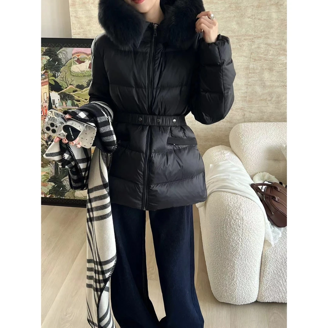 SP【A4腰羽绒服】白鸭绒超大狐狸毛领连帽腰带收腰显瘦羽绒外套