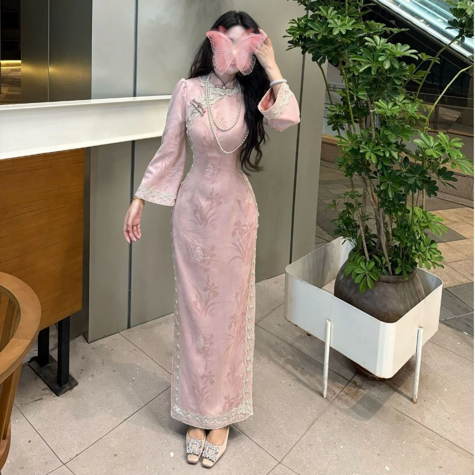 画报夫人原创自制秋冬新款加绒加厚温柔高级珠链蕾丝旗袍连衣裙