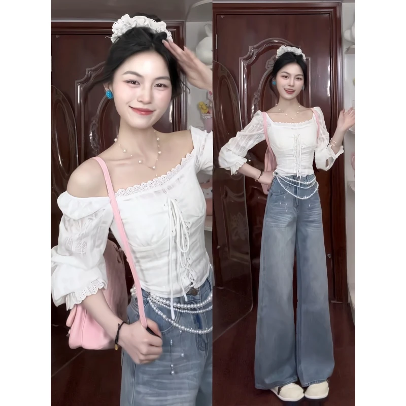 MARIE.COCO法式白色绑带一字肩长袖搭配百搭高腰宽松裤子两件套