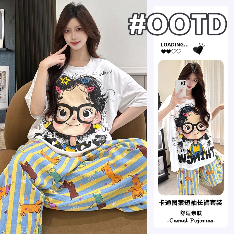 新款夏季纯棉宽松睡衣女士款短袖长裤透气时尚可外穿家居服套装