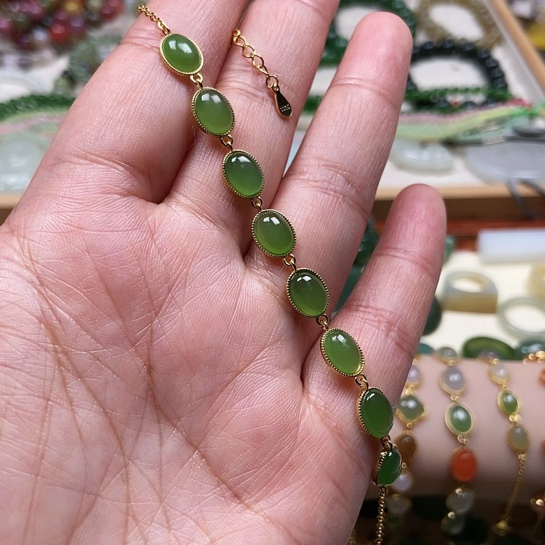 和田玉手链卡8银S925镶嵌