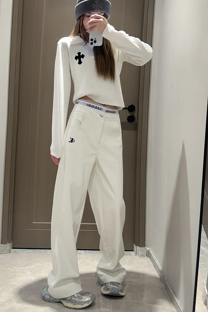 24秋冬字母双腰时尚休闲直筒阔腿肌理感皮裤