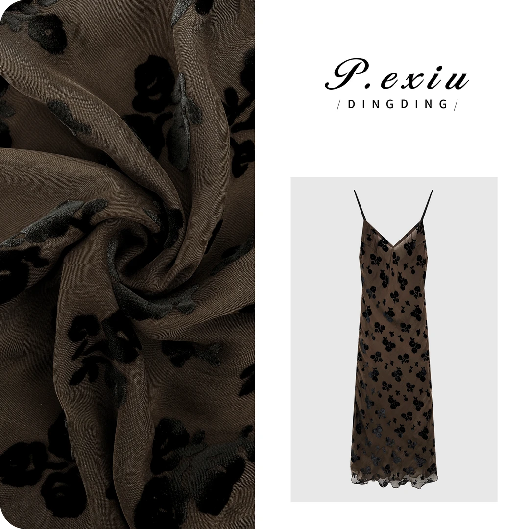 PanYiXiu/潘依绣【落入晚风】真丝-人丝植绒法式吊带连衣裙M8637