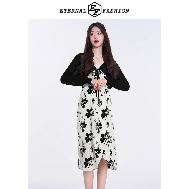 EF针织开衫吊带2025春夏气质法式印花连衣裙两件套D4130121160-B