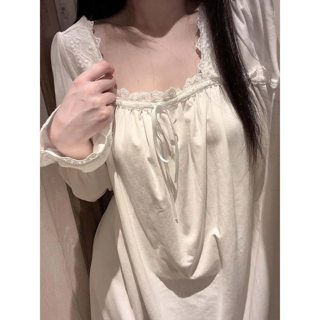 白月光纯欲蕾丝花边睡裙女款春秋季新款长袖连衣裙子家居服可外穿