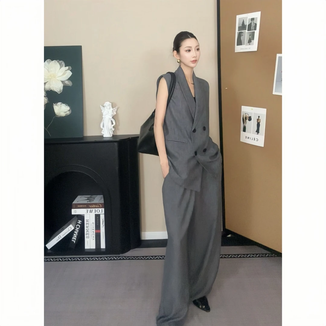 高级西装马甲外套阔腿裤套装女2025夏季新款时尚系腰带显瘦两件套