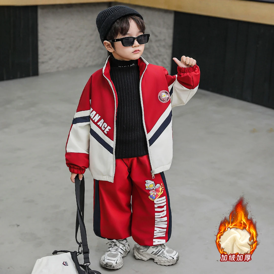 奥特曼儿童套装秋冬2025新款男童加绒外套宝宝保暖冲锋衣棉服套装