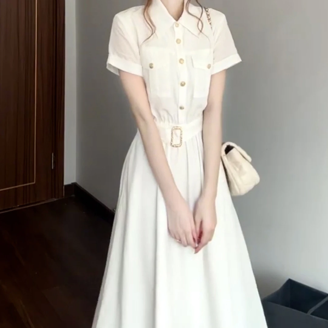 白色短袖衬衫裙长裙2025新款今年流行爆款法式赫本风连衣裙子女夏