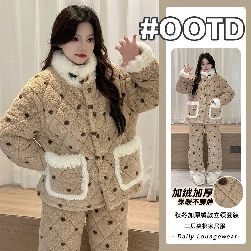 冬季新款睡衣女长毛绒三层夹棉加绒加厚珊瑚绒家居服套装2025年