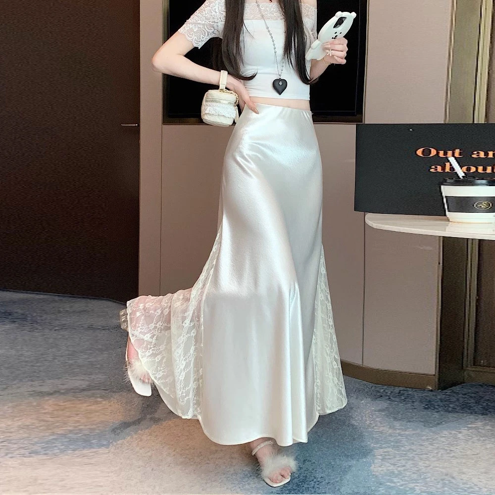 2025缎面鱼尾裙半身裙女夏季高腰修身包臀裙蕾丝拼接垂感长款裙子