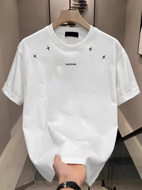 重磅纯棉潮牌美式简约T恤潮流印花男款夏季圆领修身百搭短袖假领
