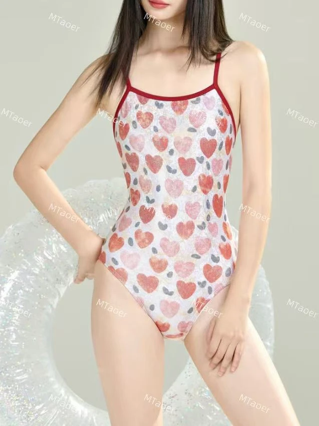 MTaoer【红桃heart】单层成人女遮肉桃色爱心连体三角专业竞速泳衣