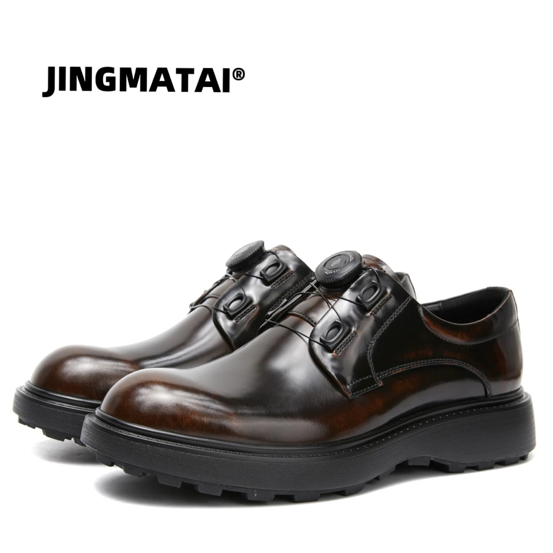 JINGMATAI男款男士德比商务正装头层牛皮真皮厚底皮鞋英伦风黑色