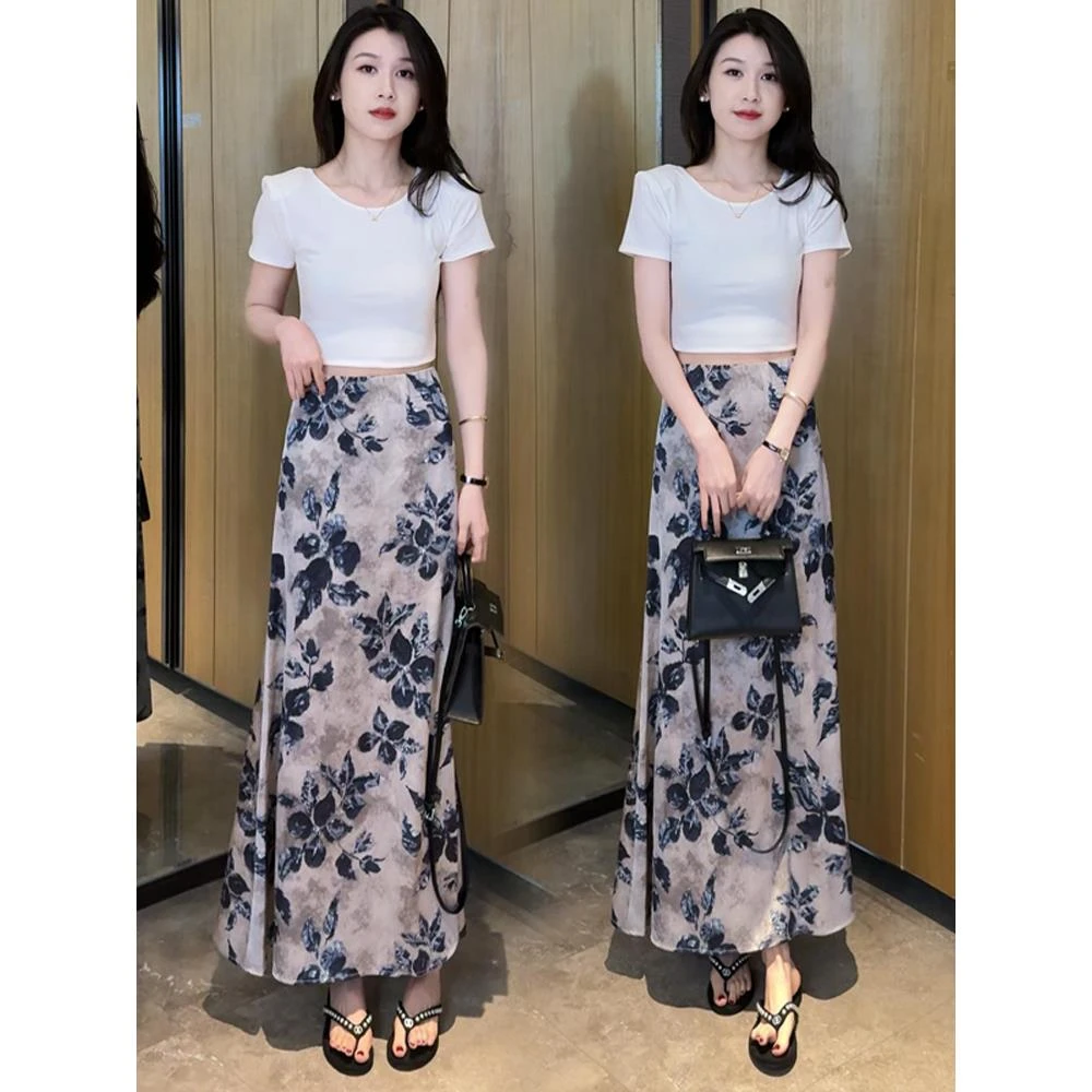 韩系时尚套装裙女夏季新款蕾丝拼接短袖上衣显瘦半身裙时髦两件套