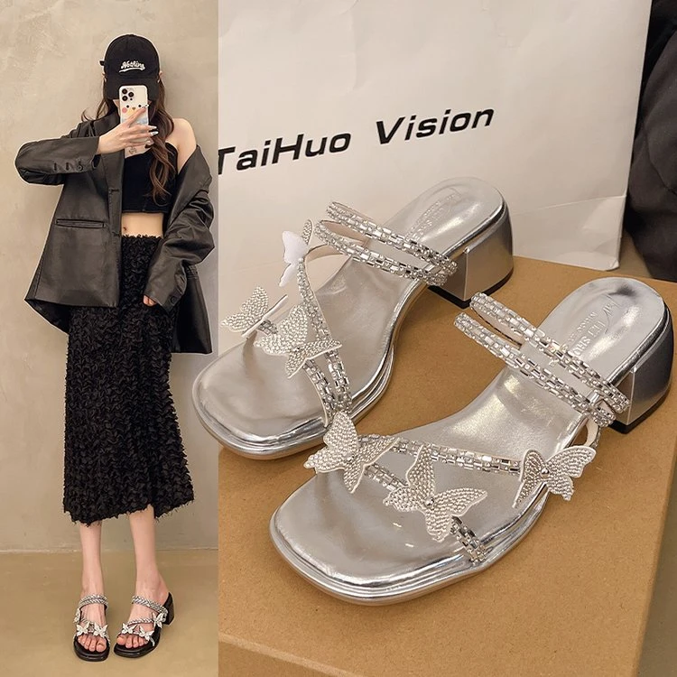 【COCO】百搭露趾夏季粗跟仙女风日常水钻时尚中跟法式女鞋一字拖